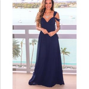 Navy Pleated Off Shoulder Maxi Dress
